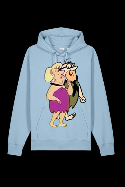 Blue Mr & Mrs Hooded sweatshirt by Lane 7 displayed on a hanger with a plain background.