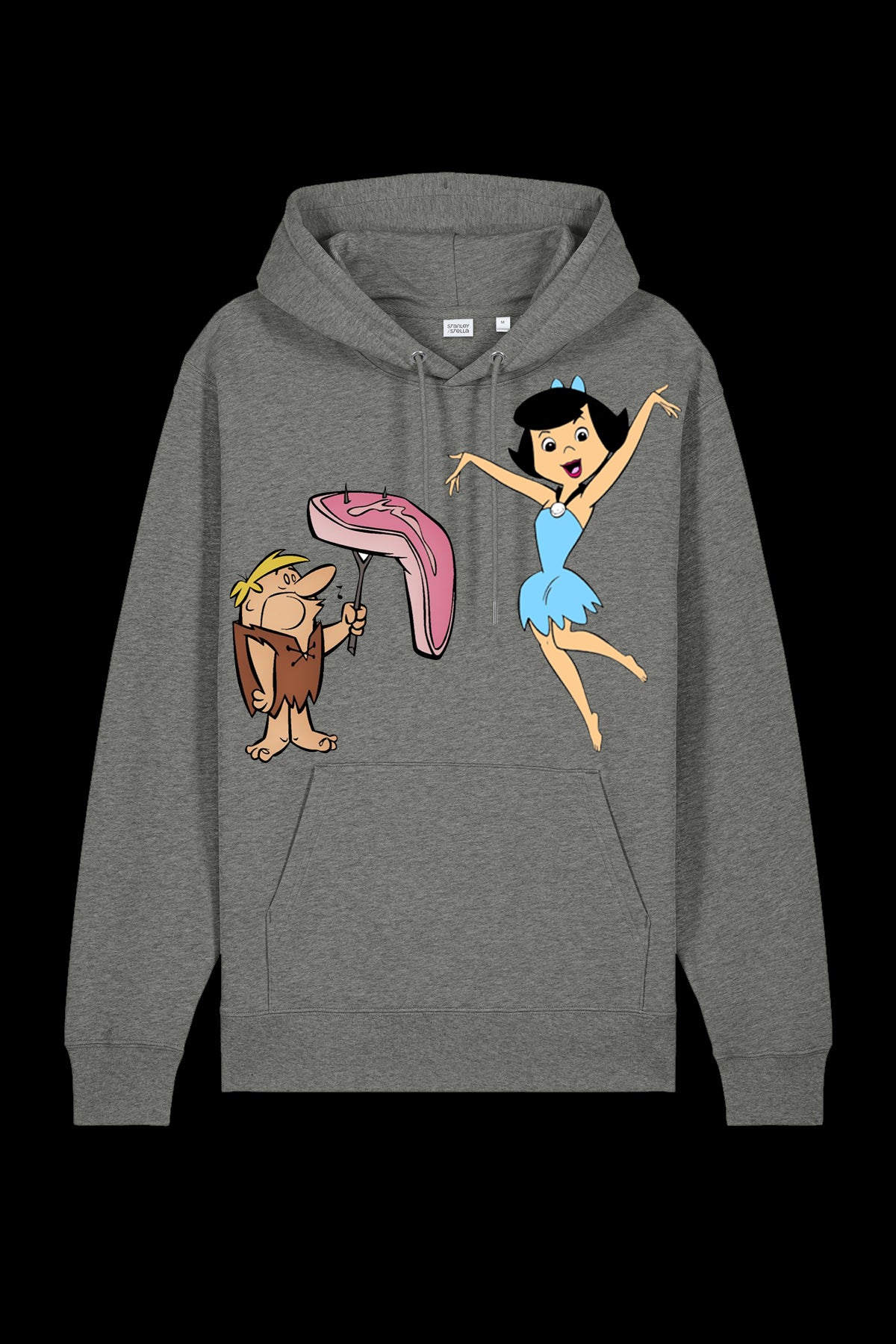 Lane 7 Mr. and Mrs. hooded sweatshirt with a hood, front pocket, and mid Heather fabric, shown on a hanger against a neutral background.