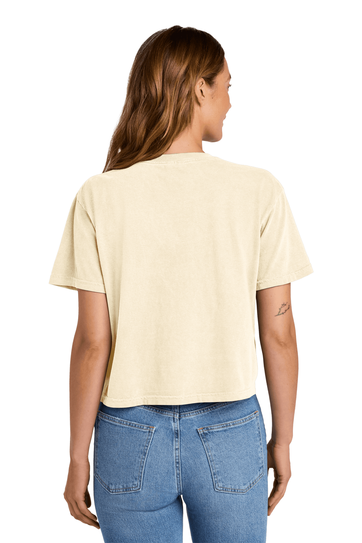 Comfort Colors women's heavyweight boxy crop top in ivory mint with garment-dyed finish and relaxed fit, shown from the back.