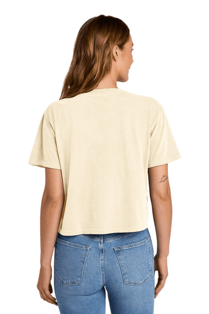 Comfort Colors women's heavyweight boxy crop top in ivory mint with garment-dyed finish and relaxed fit, shown from the back.