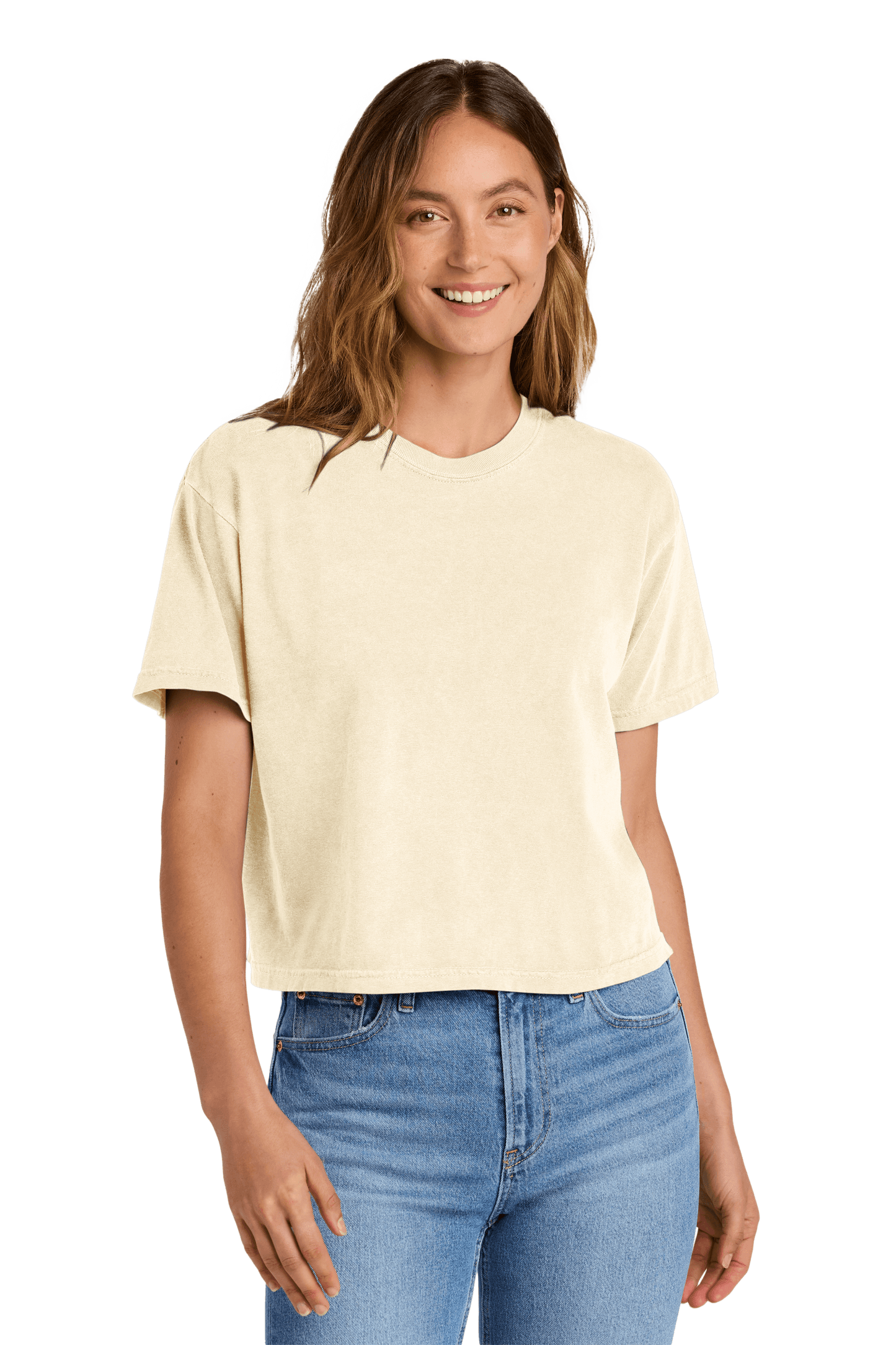 Ivory mint Comfort Colors women's heavyweight boxy crop top with garment-dyed finish and relaxed fit, featuring a custom print on the front.