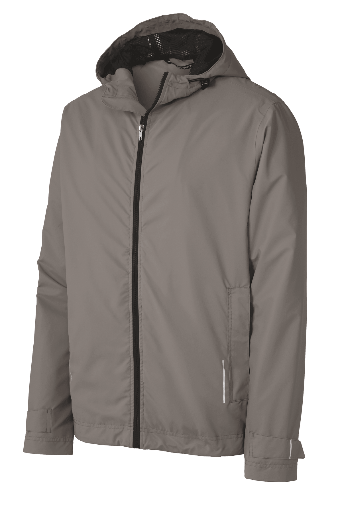 Port Authority waterproof rain jacket in northern grey with front view, showcasing its lightweight, durable design.