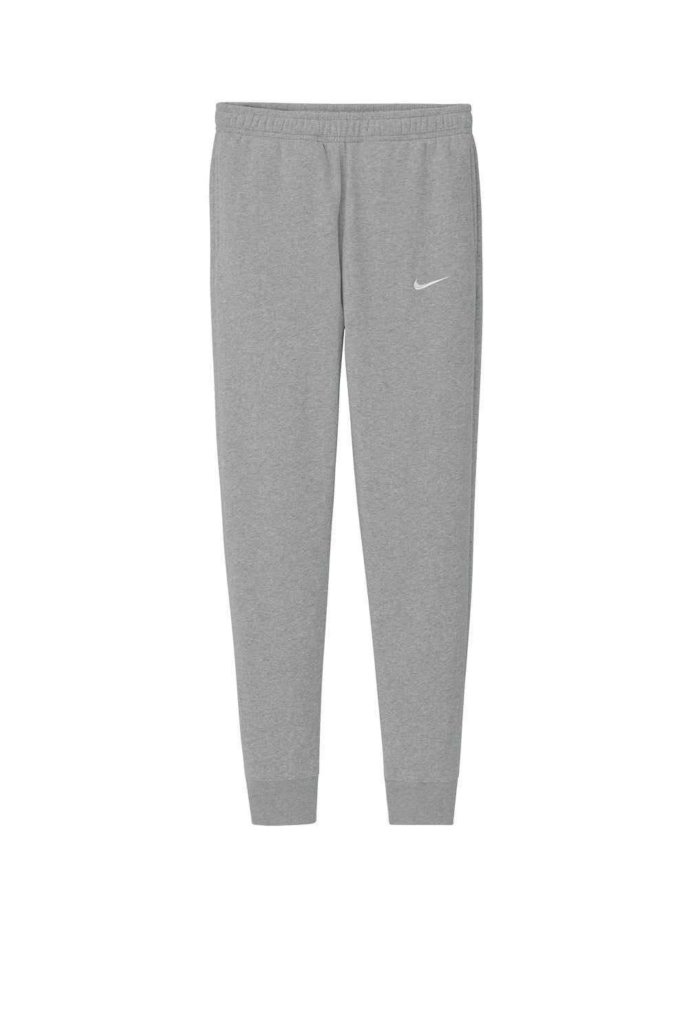 Dark grey Heather Nike Club Fleece jogger pants with flat front design, made by Print-View.