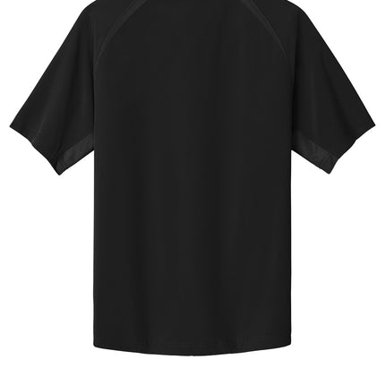 Black Sport-Tek® Repeat 1/2-Zip Short Sleeve Jacket sweatshort with logo print, flat back view.
