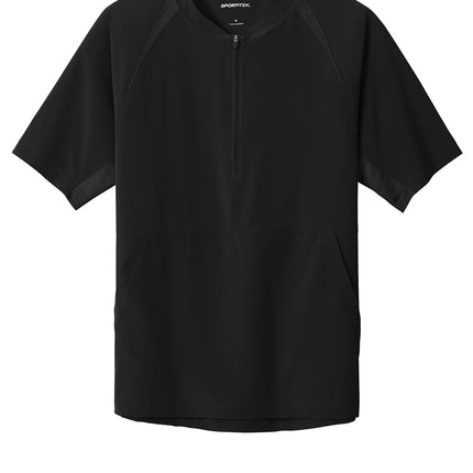 Black Sport-Tek® Repeat 1/2-Zip short sleeve athletic jacket with a flat front, designed for comfort and active wear.