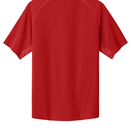 Print-View Sport-Tek® Repeat 1/2-Zip Short Sleeve Jacket sweatshort in deep red, shown from the back with a flat view.
