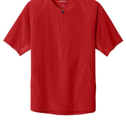 Deep red Sport-Tek® Repeat 1/2-Zip short sleeve jacket, flat front view, made of lightweight sweatshort fabric by Print-View.