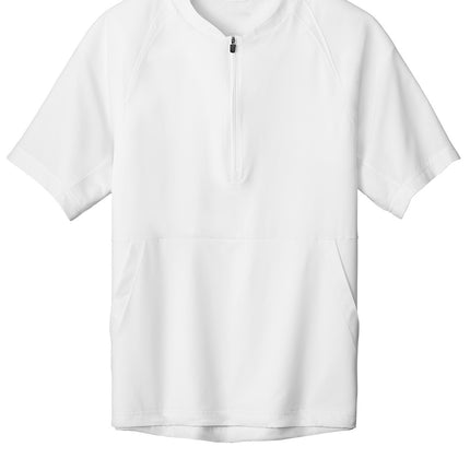 White Sport-Tek® Repeat 1/2-Zip short sleeve jacket with a flat front, made by Print-View, shown as a sweatshort style.