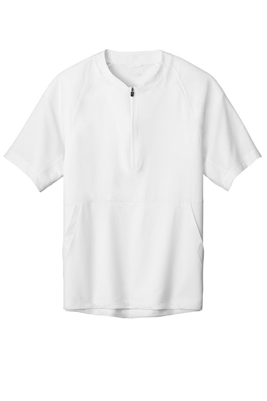 White Sport-Tek® Repeat 1/2-Zip short sleeve jacket with a flat front, made by Print-View, shown as a sweatshort style.