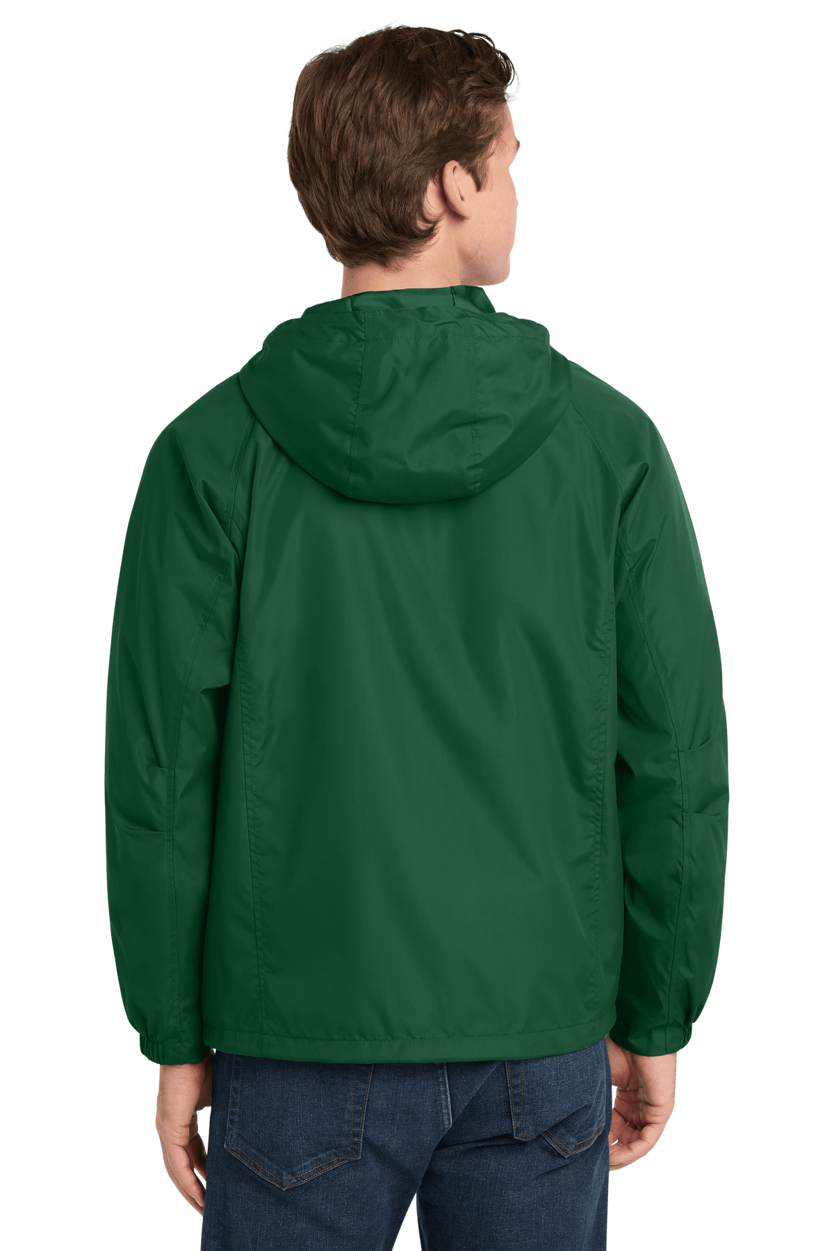 Sport-Tek hooded raglan windbreaker jacket in forest green, showing the back view with hood and raglan sleeves.