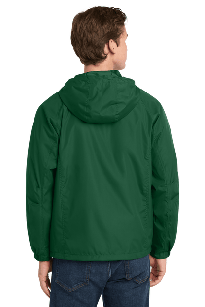 Sport-Tek hooded raglan windbreaker jacket in forest green, showing the back view with hood and raglan sleeves.