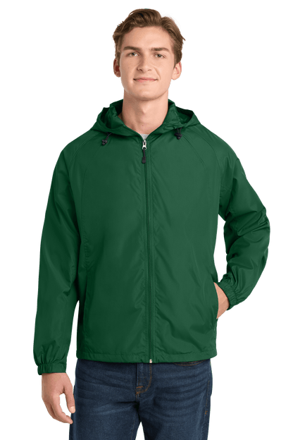 Sport-Tek hooded raglan windbreaker jacket in forest green, front view showing lightweight design and hood details.