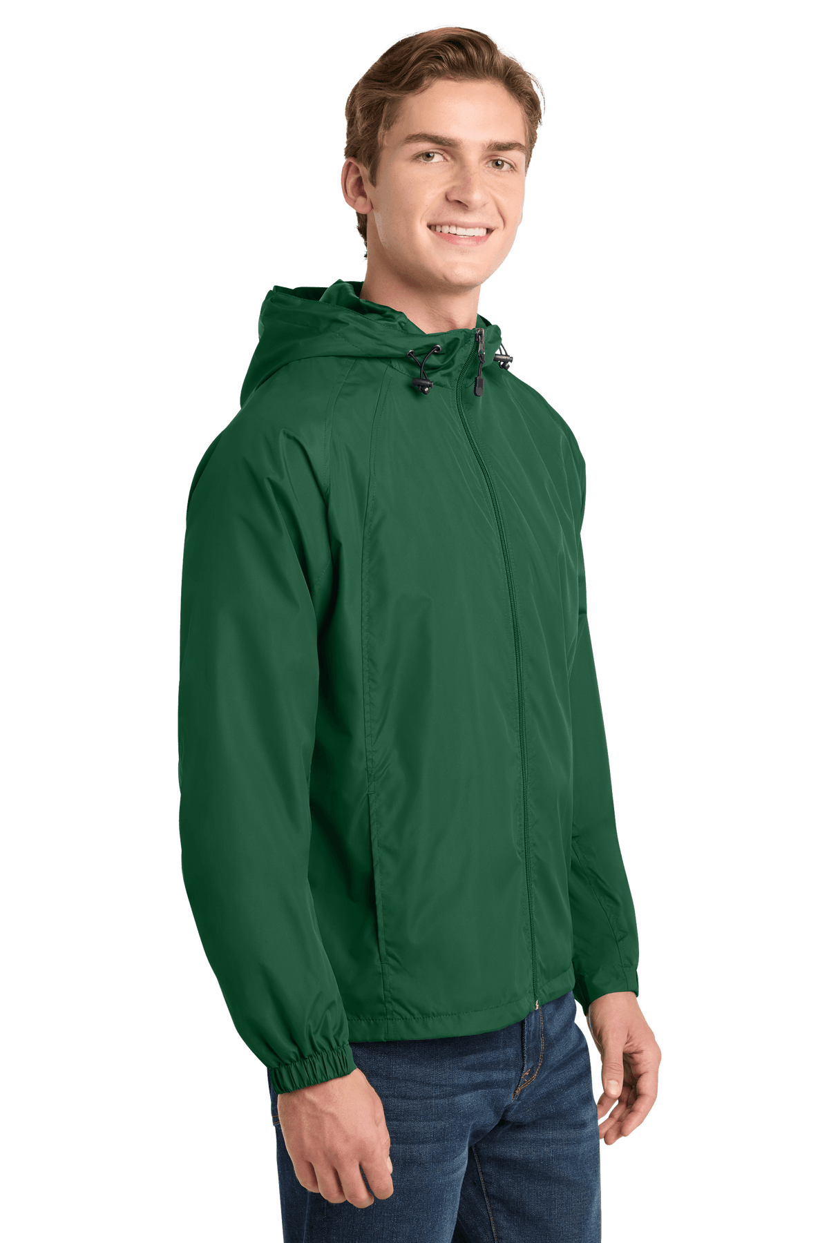 Sport-Tek hooded raglan windbreaker jacket in forest green, side view showing lightweight, athletic design with hood and raglan sleeves.