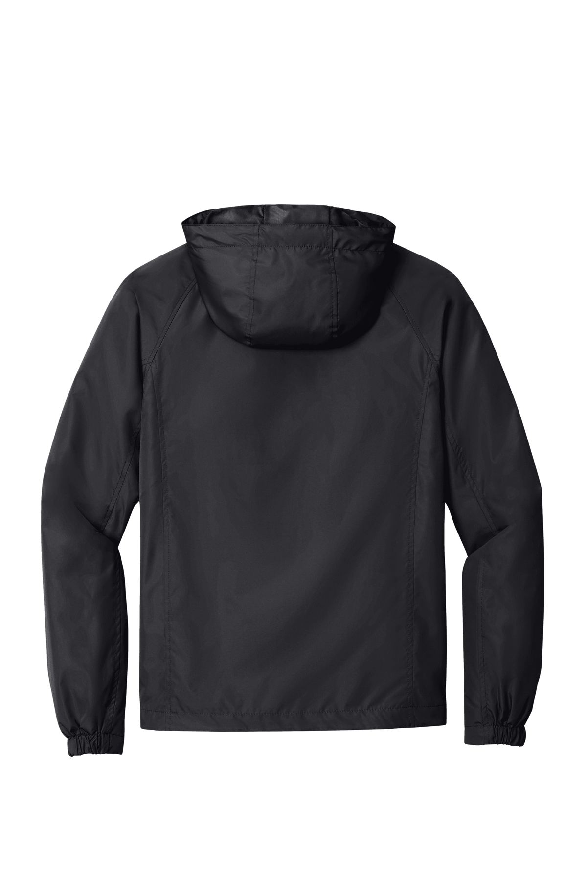 Sport-Tek hooded raglan windbreaker jacket in graphite, front view with adjustable hood and lightweight design.