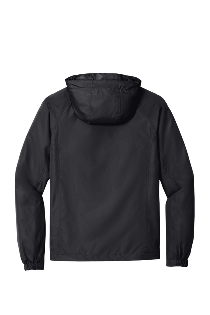 Sport-Tek hooded raglan windbreaker jacket in graphite, front view with adjustable hood and lightweight design.