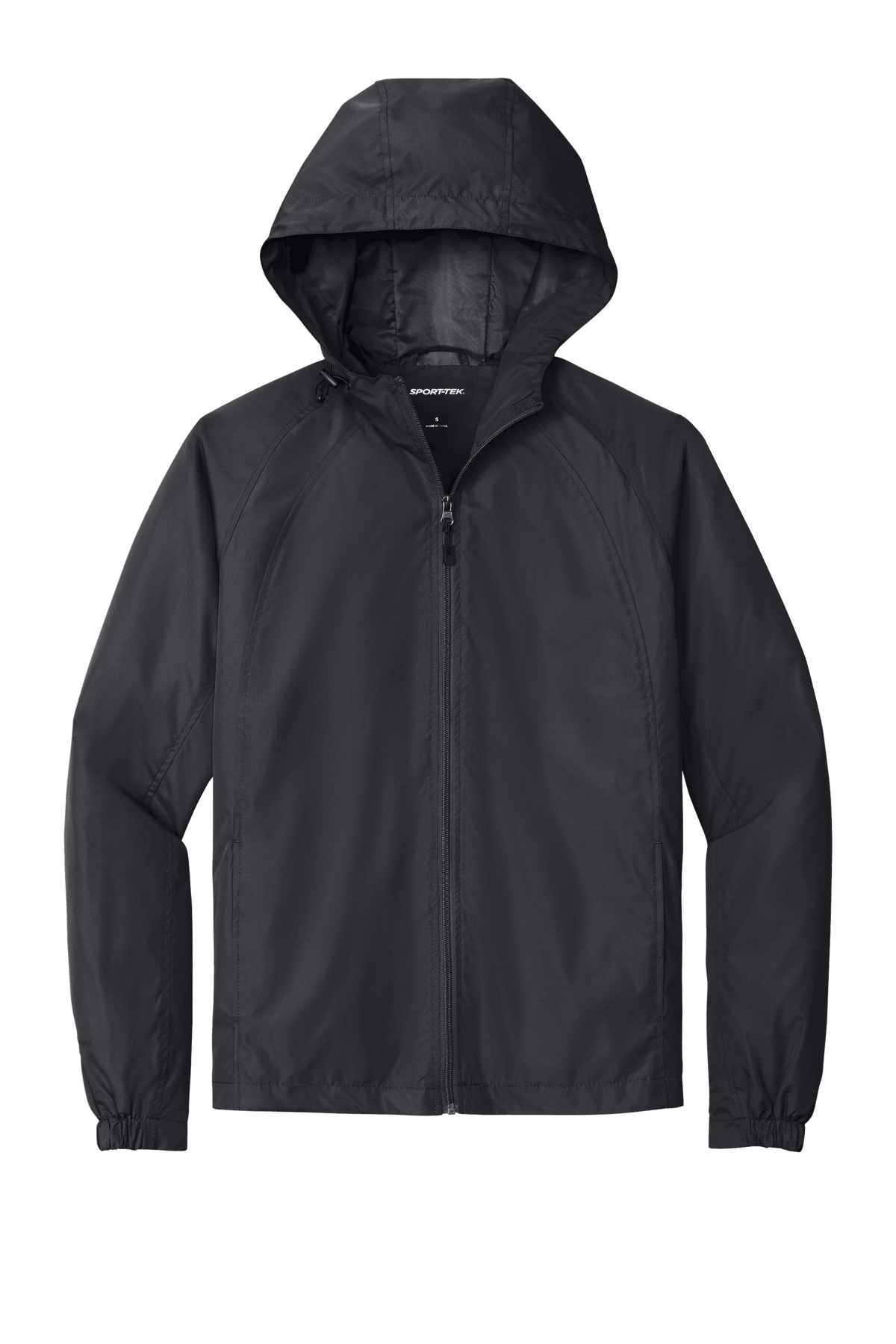 Sport-Tek hooded raglan windbreaker jacket in graphite color, front view showing lightweight, casual jacket design.