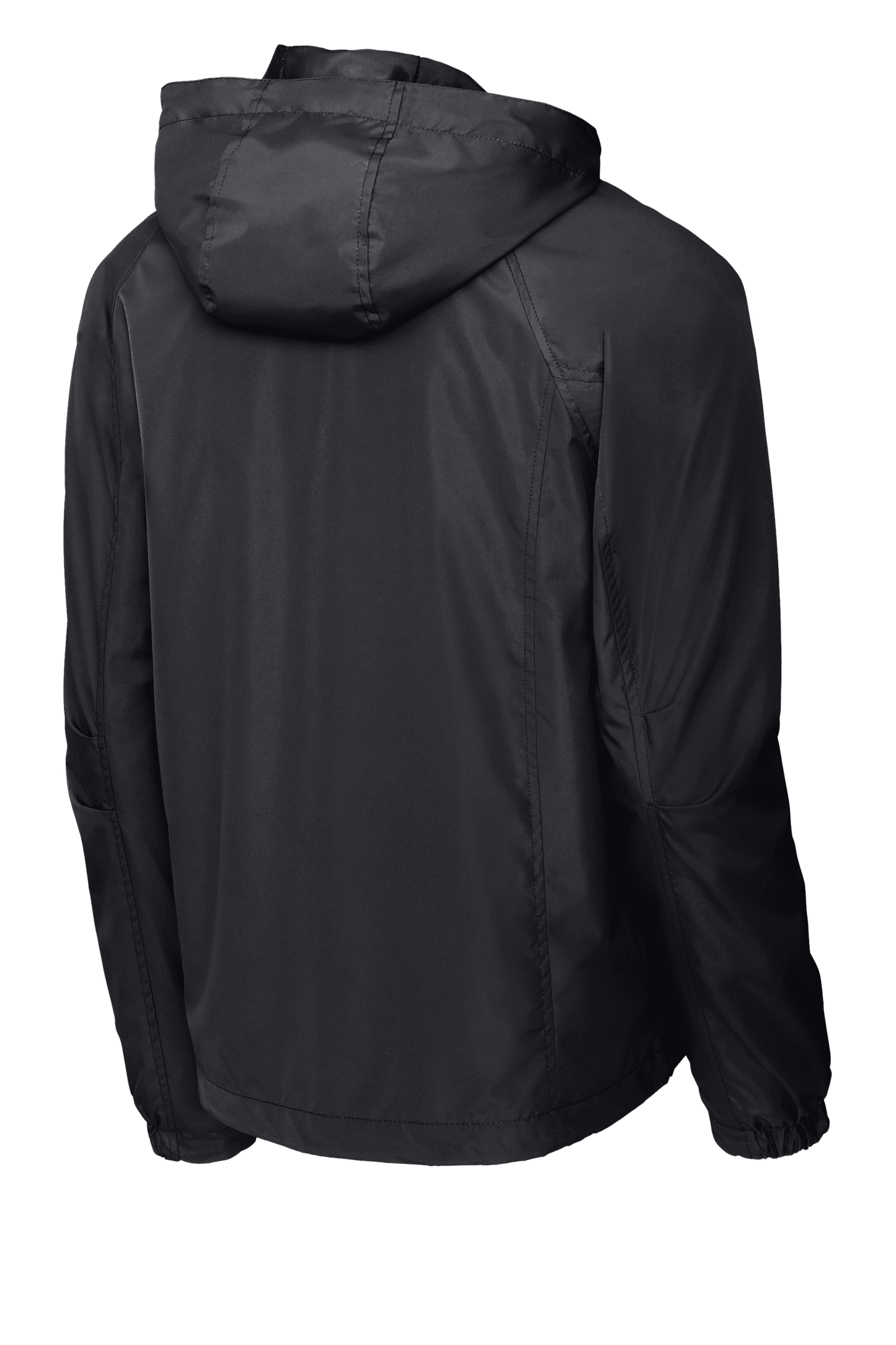 Sport-Tek® Hooded Raglan Jacket JST73 windbreaker in graphite, showing back view with hood and raglan sleeves.