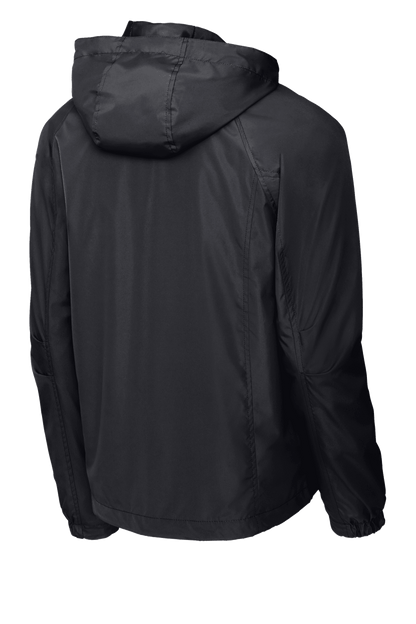 Sport-Tek® Hooded Raglan Jacket JST73 windbreaker in graphite, showing back view with hood and raglan sleeves.