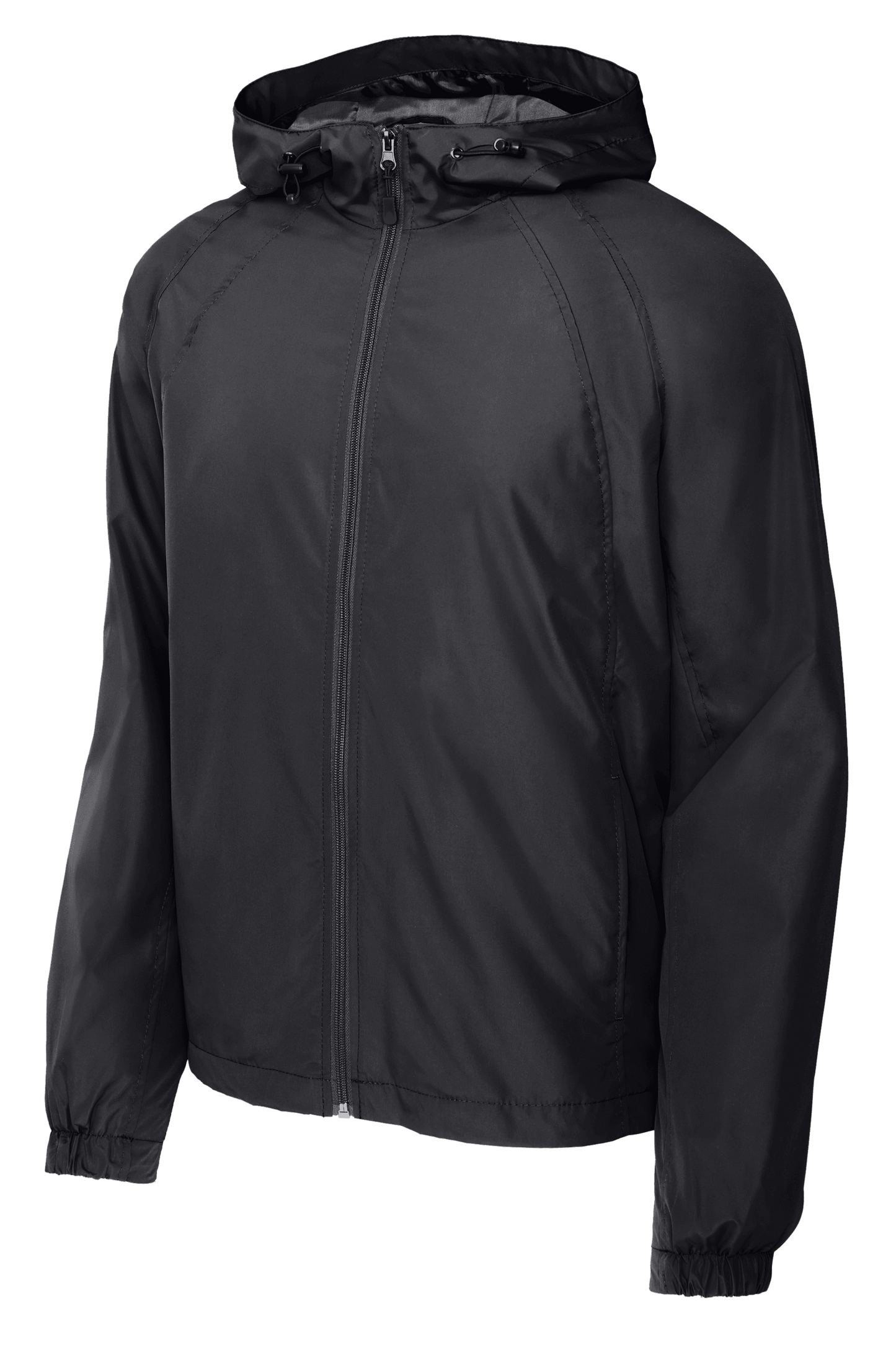 Sport-Tek hooded raglan windbreaker jacket in graphite, front view showing lightweight design and full hood for outdoor activities.