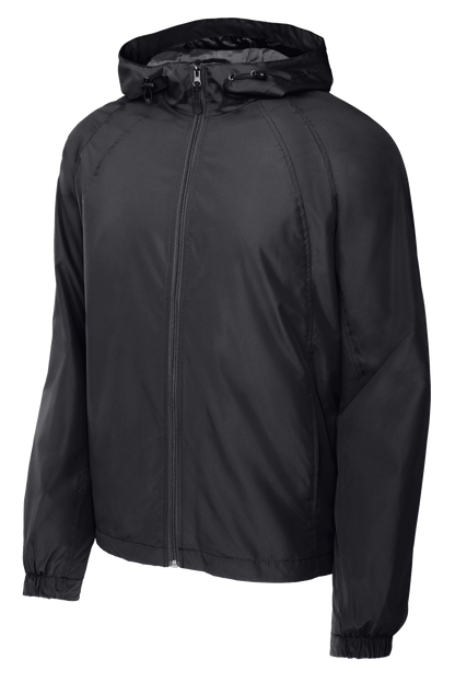 Sport-Tek hooded raglan windbreaker jacket in graphite, front view showing lightweight design and full hood for outdoor activities.