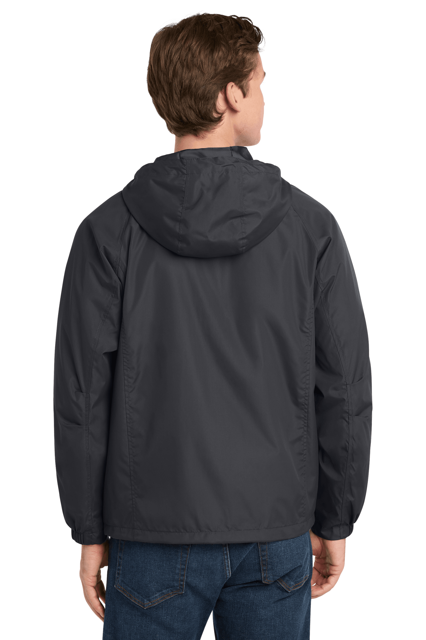 Sport-Tek hooded raglan windbreaker jacket in graphite, showing the back view with ribbed cuffs and adjustable hood.