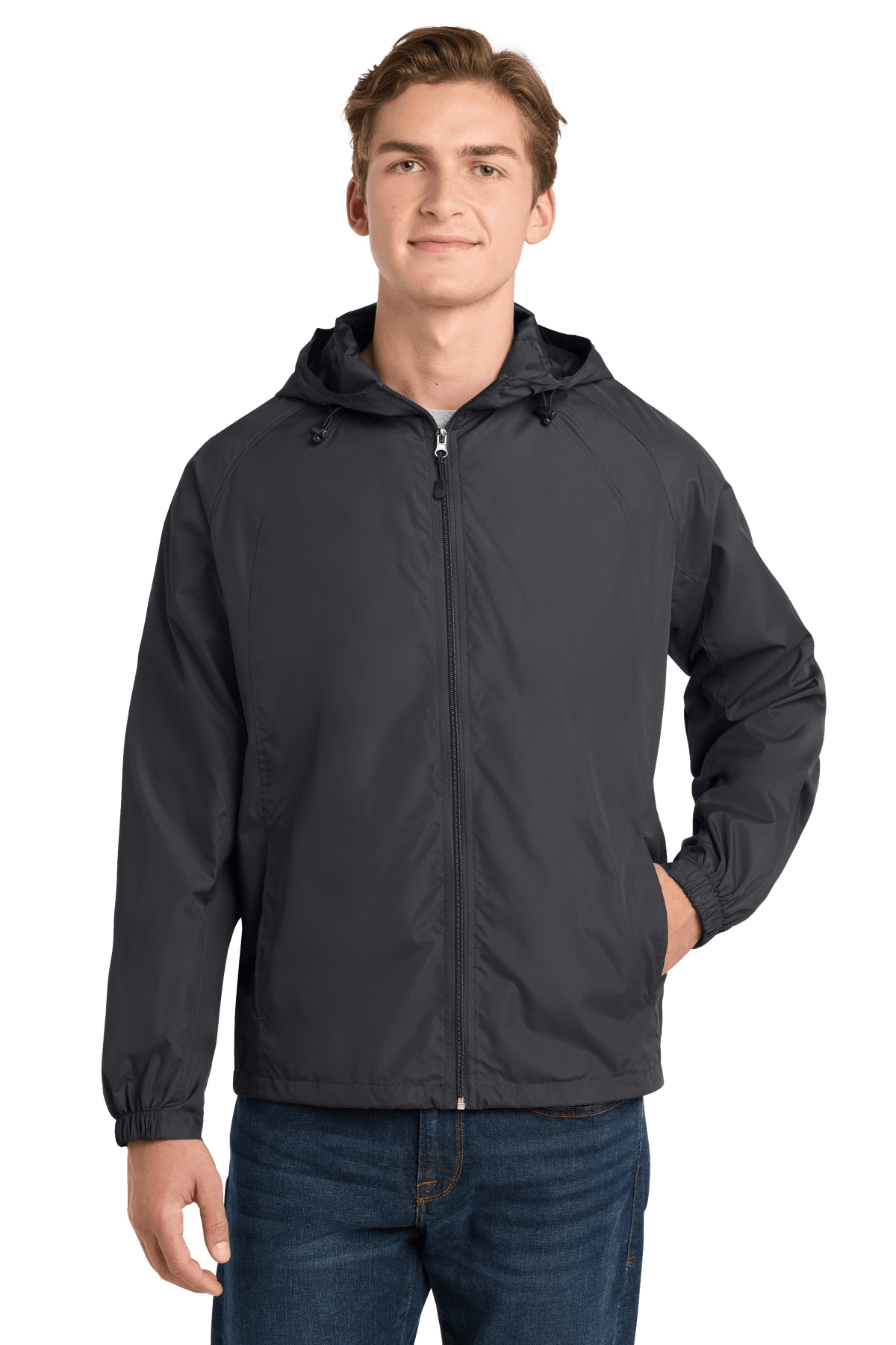Sport-Tek® hooded raglan windbreaker jacket in graphite, front view showing lightweight, sporty design with a hood and raglan sleeves.