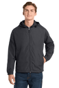 Sport-Tek® hooded raglan windbreaker jacket in graphite, front view showing lightweight, sporty design with a hood and raglan sleeves.