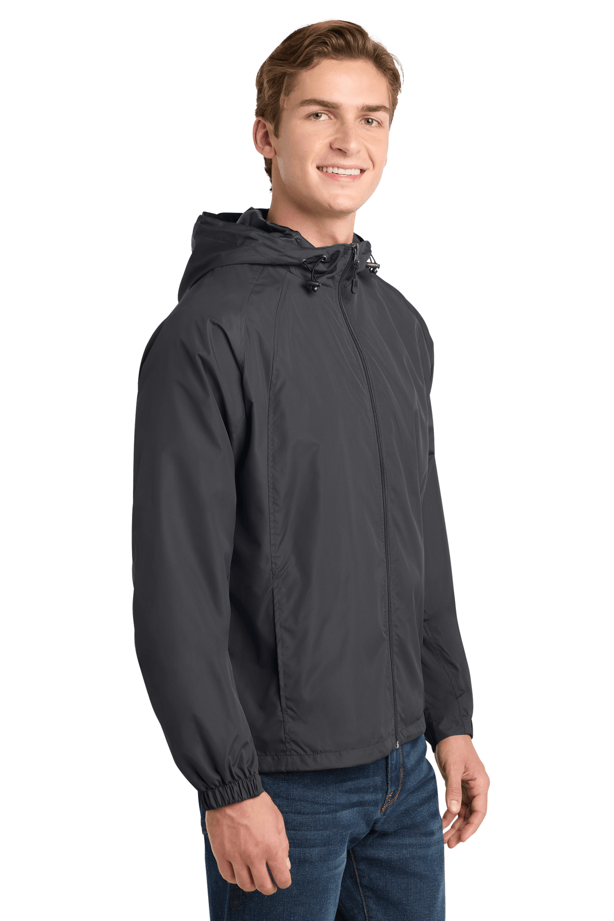 Sport-Tek hooded raglan windbreaker jacket in graphite, shown from side view, lightweight and sporty for active wear.