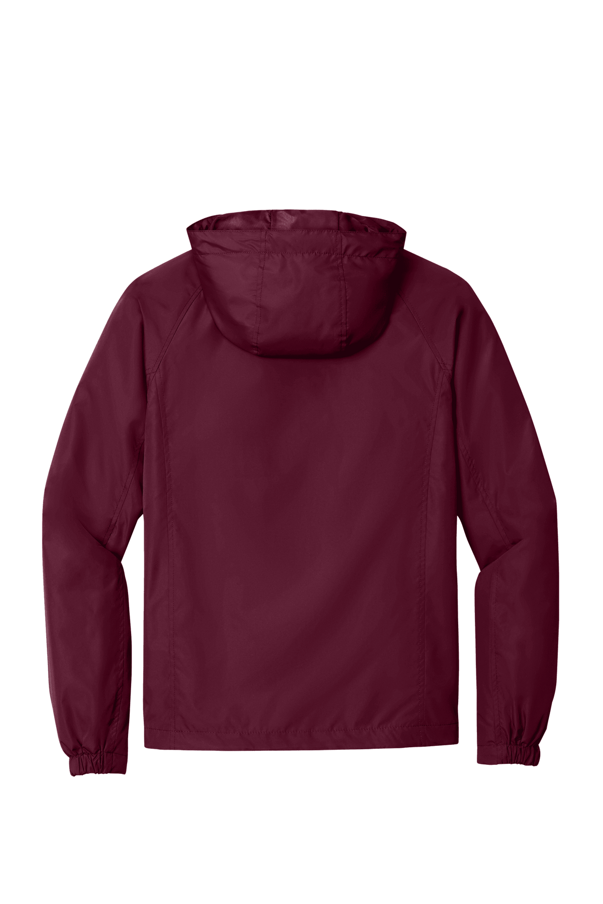 Maroon Sport-Tek hooded raglan windbreaker jacket with front zipper and soft fabric, shown from the back.