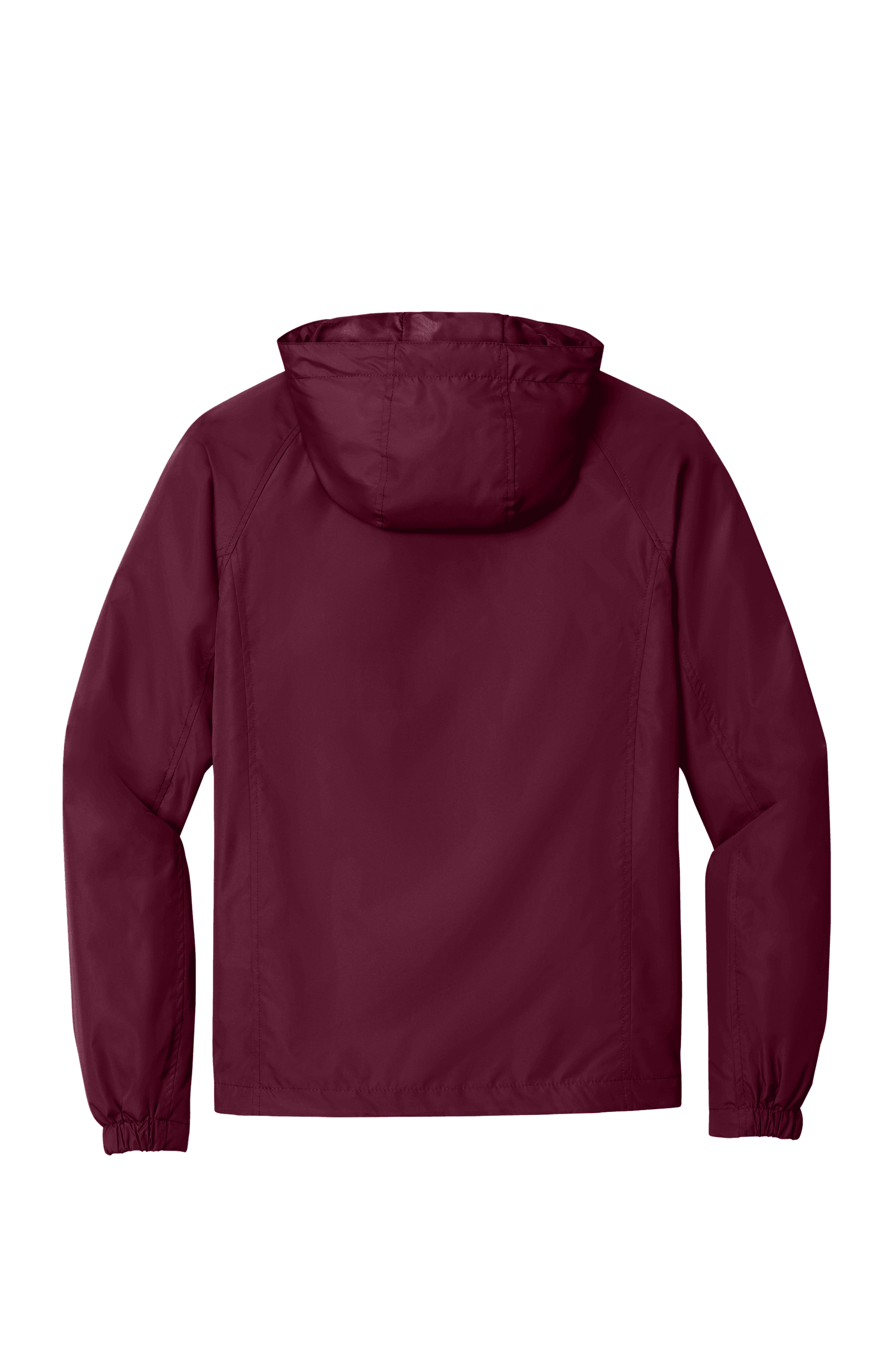 Maroon Sport-Tek hooded raglan windbreaker jacket with front zipper and soft fabric, shown from the back.