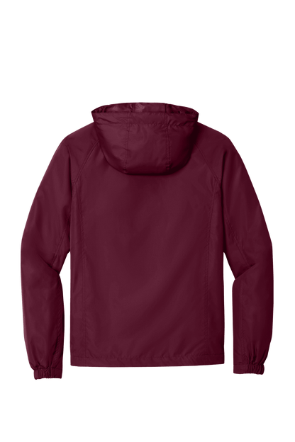 Maroon Sport-Tek hooded raglan windbreaker jacket with front zipper and soft fabric, shown from the back.