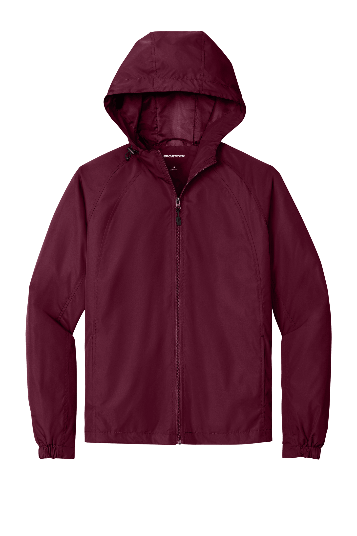 Maroon Sport-Tek hooded raglan windbreaker jacket with front zipper and athletic fit, designed for active outdoor wear.