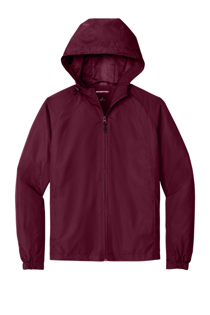 Maroon Sport-Tek hooded raglan windbreaker jacket with front zipper and athletic fit, designed for active outdoor wear.