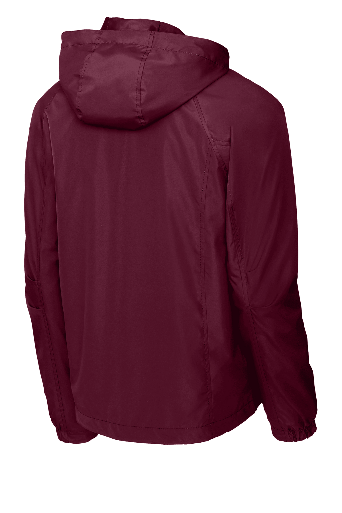 Maroon Sport-Tek hooded raglan windbreaker jacket shown from the back, featuring a sporty design and lightweight fabric.