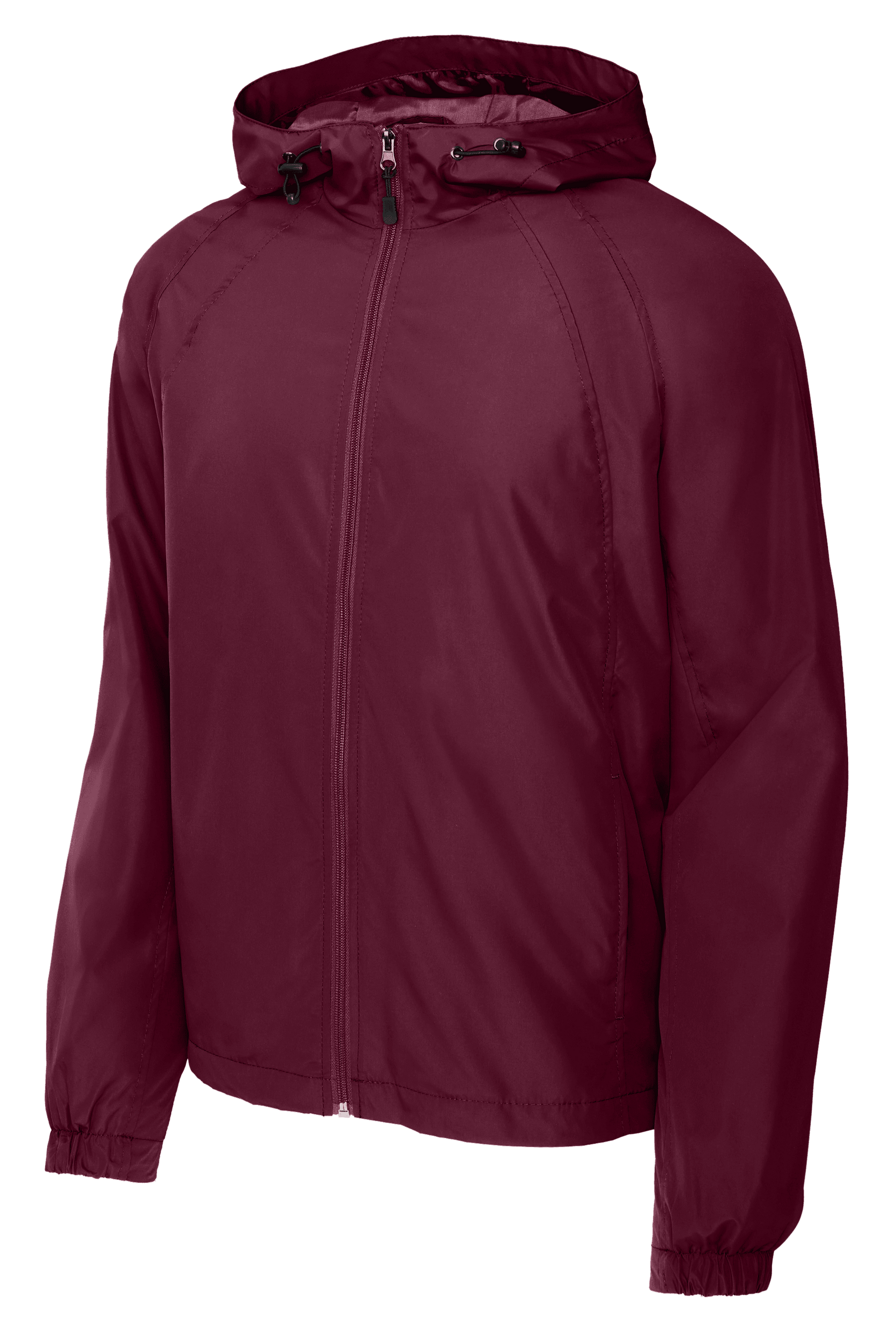 Maroon Sport-Tek hooded raglan windbreaker jacket with front zipper and adjustable hood, lightweight and sporty outdoor apparel.