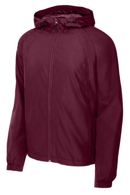 Maroon Sport-Tek hooded raglan windbreaker jacket with front zipper and adjustable hood, lightweight and sporty outdoor apparel.