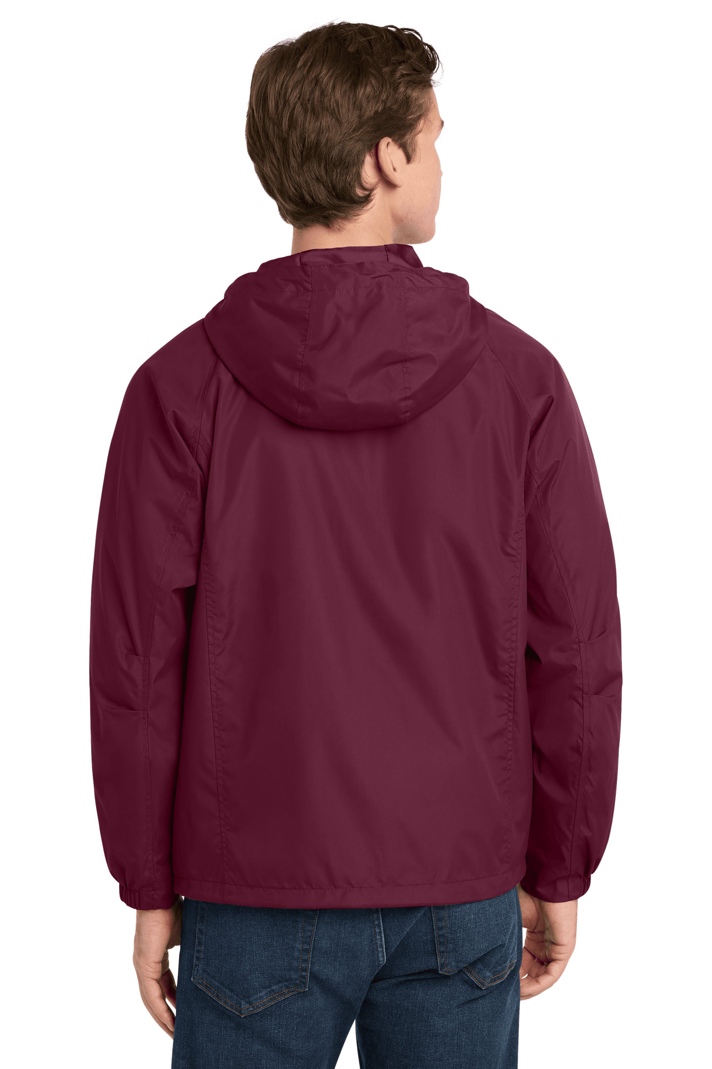 Maroon Sport-Tek hooded raglan windbreaker jacket shown from the back, featuring lightweight design and sporty style.