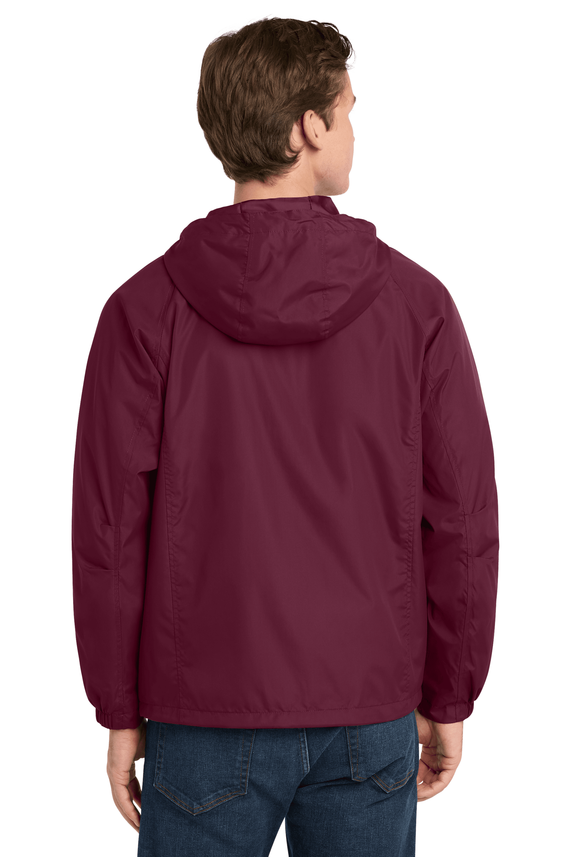 Maroon Sport-Tek hooded raglan windbreaker jacket shown from the back, featuring lightweight design and sporty style.