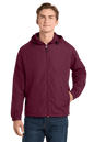 Maroon Sport-Tek Hooded Raglan Windbreaker jacket front view, lightweight and sporty with a hood and raglan sleeves.