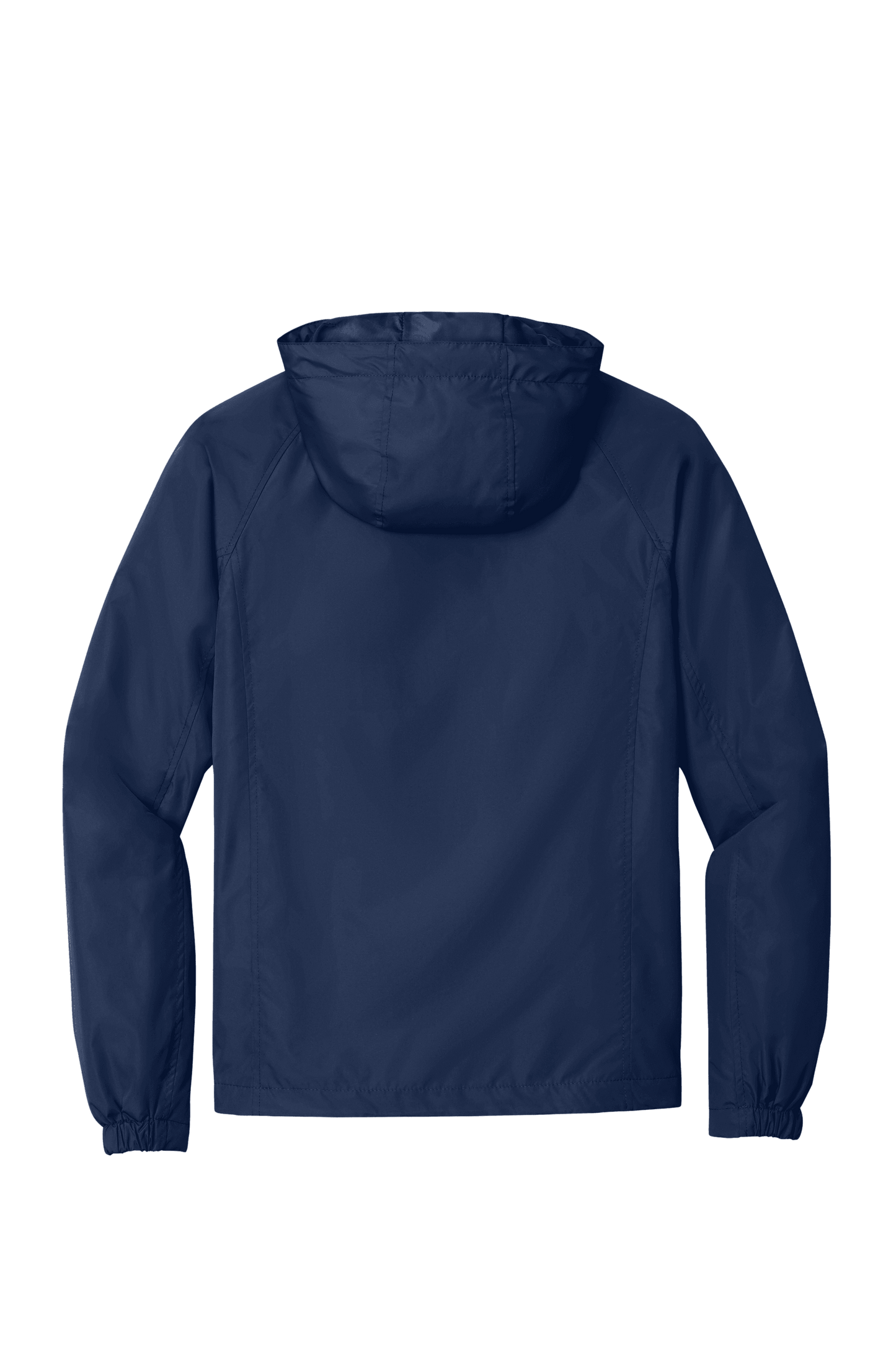 Sport-Tek® Hooded Raglan Windbreaker jacket in true navy, with front zipper and sporty raglan sleeves, lightweight and comfortable.