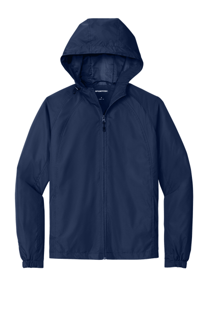 Sport-Tek hooded raglan windbreaker jacket in true navy, featuring a front view with a lightweight, sporty design.