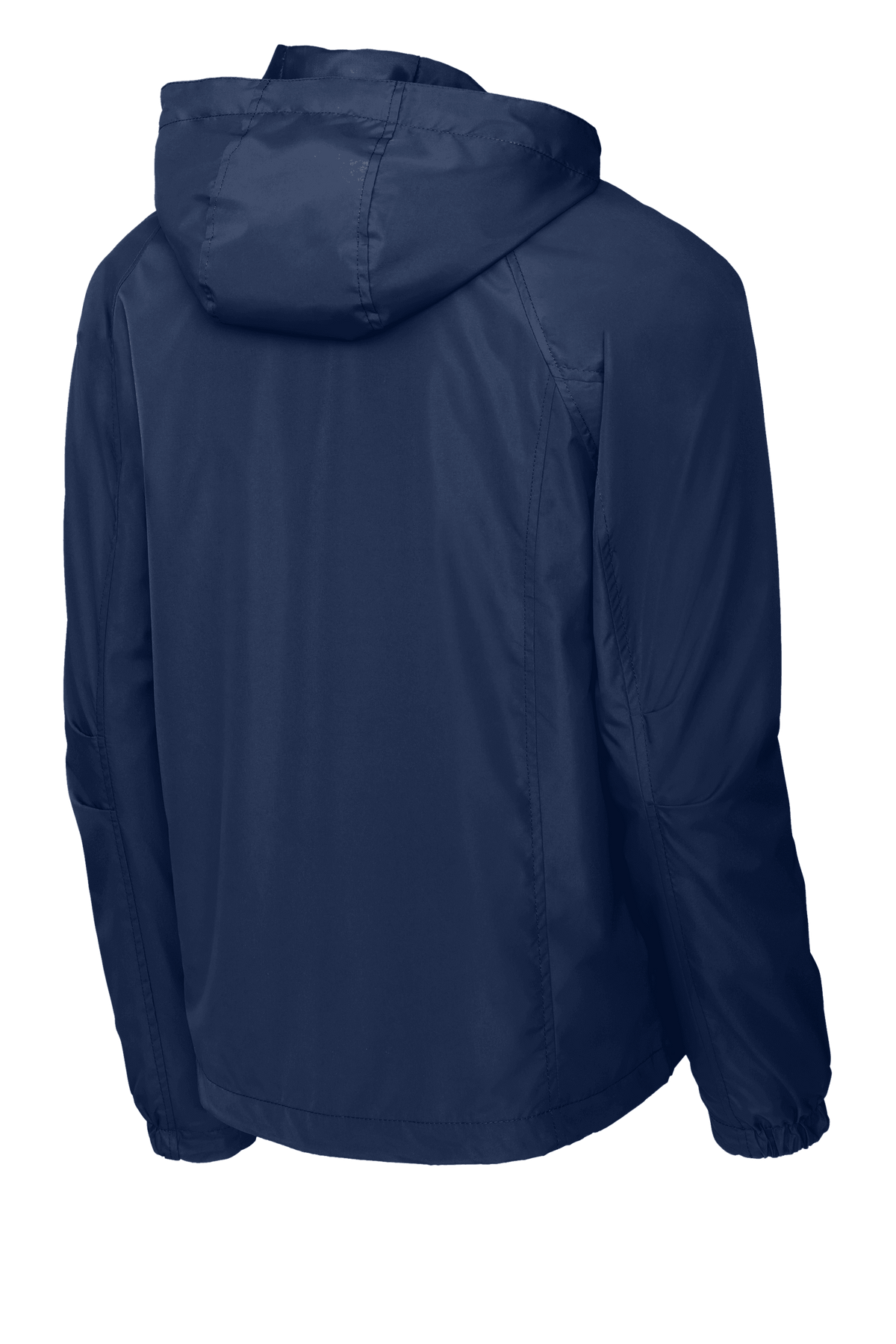 Sport-Tek hooded raglan windbreaker jacket in true navy, shown from the back with a lightweight, sporty design.