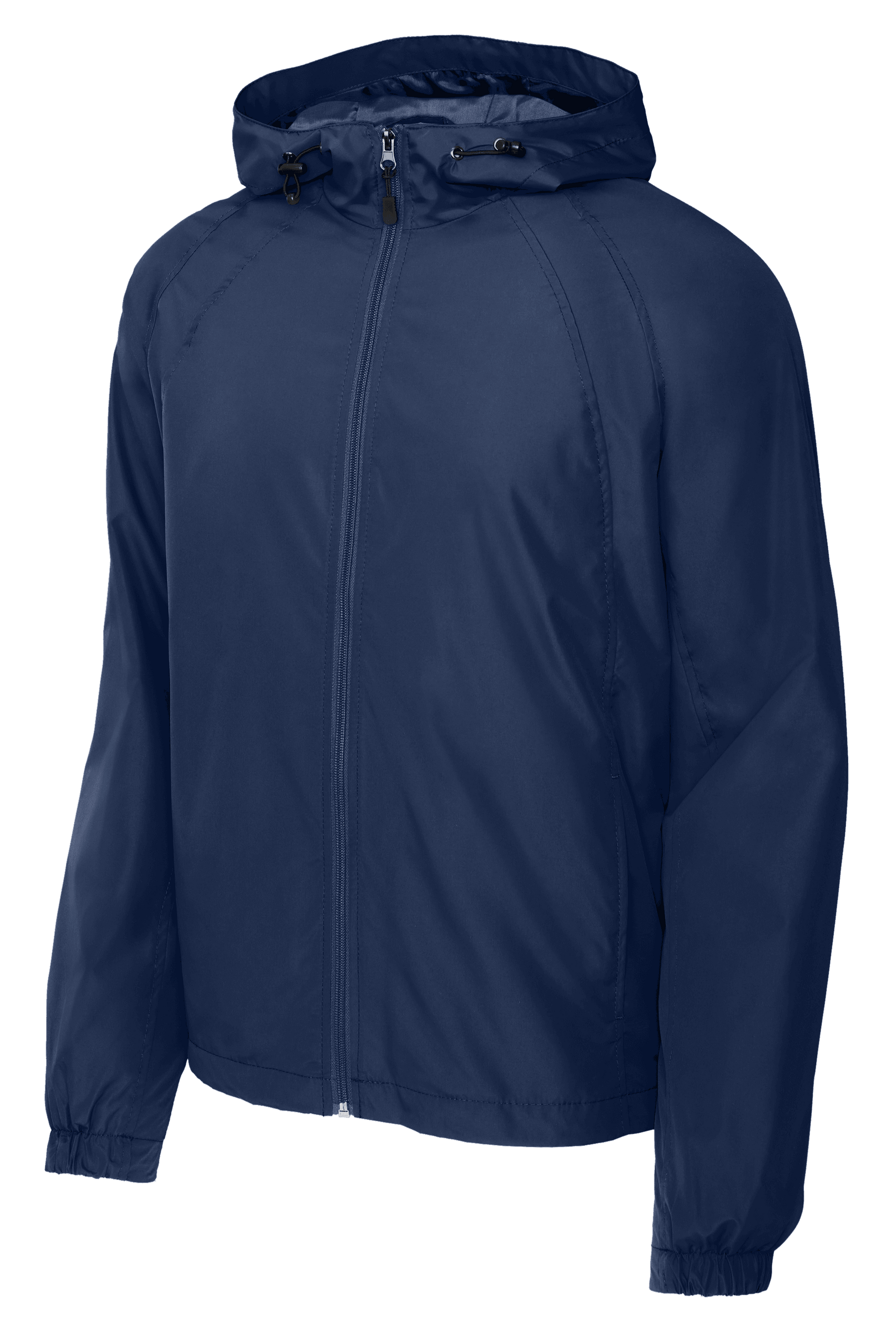 Sport-Tek® hooded raglan windbreaker jacket in true navy, front view showing lightweight design and adjustable hood.
