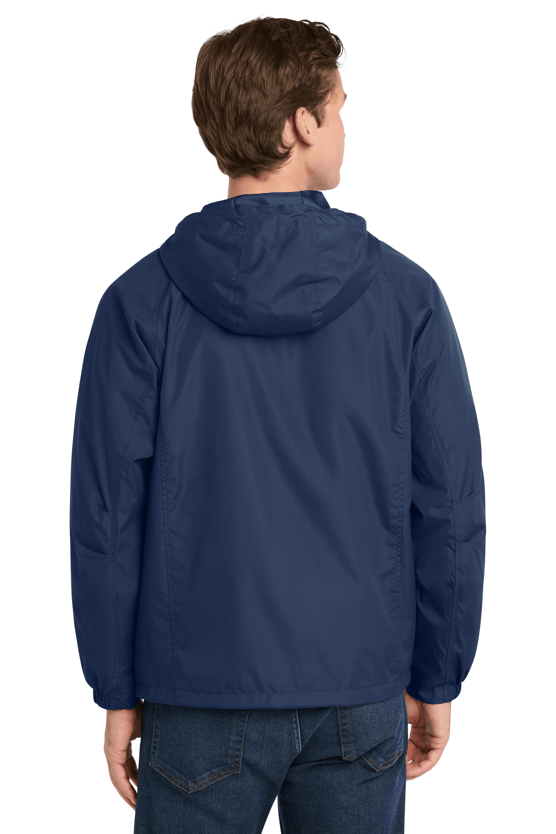 Sport-Tek hooded raglan windbreaker jacket in true navy, shown from the back with a hood and sporty design.