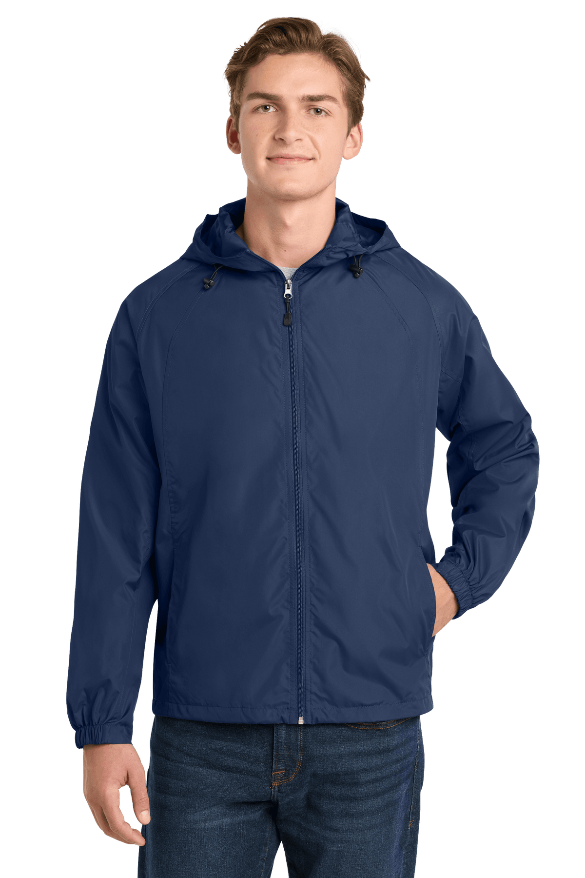 Sport-Tek® hooded raglan windbreaker jacket in true navy, front view, lightweight and sporty with a hood and raglan sleeves.