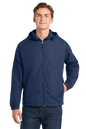 Sport-Tek® hooded raglan windbreaker jacket in true navy, front view, lightweight and sporty with a hood and raglan sleeves.