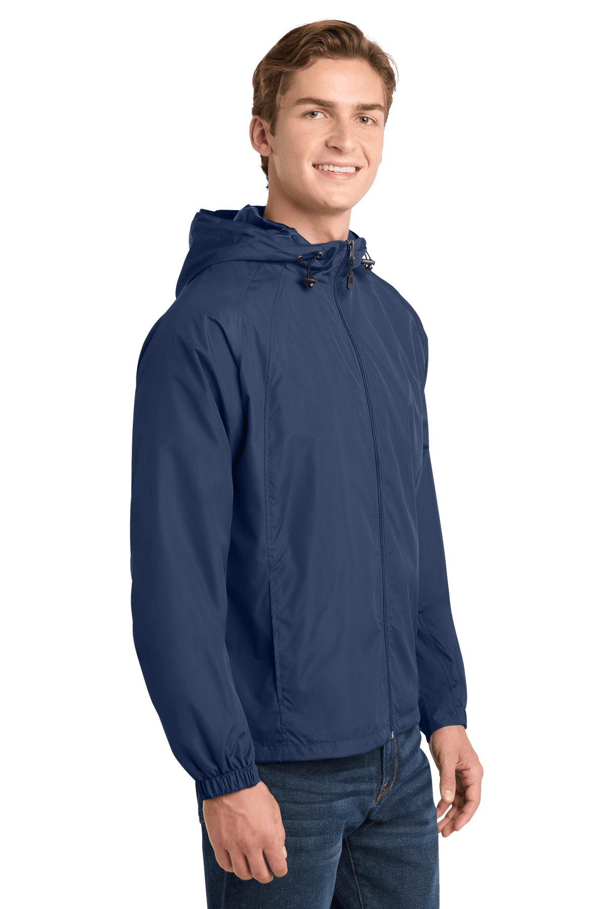 Sport-Tek® hooded raglan windbreaker jacket in true navy, shown from the side, featuring a lightweight, athletic design.