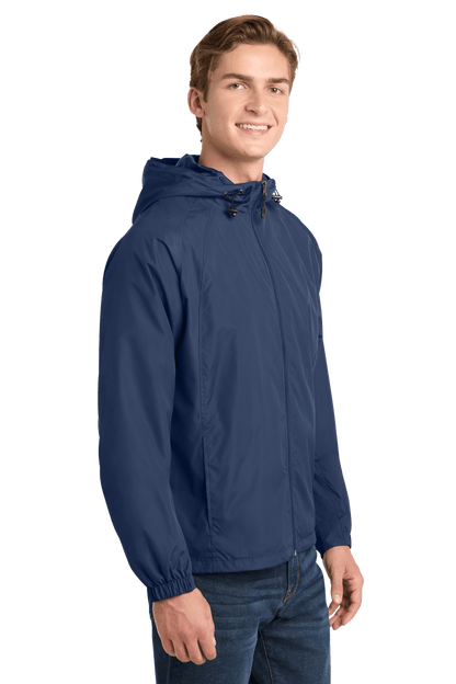 Sport-Tek® hooded raglan windbreaker jacket in true navy, shown from the side, featuring a lightweight, athletic design.