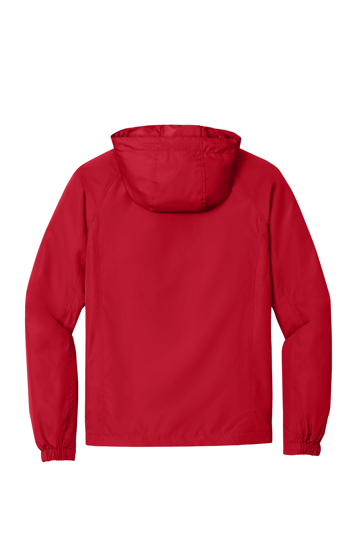 Sport-Tek hooded raglan windbreaker jacket in true red, with a flat back design, lightweight and sporty for outdoor wear.
