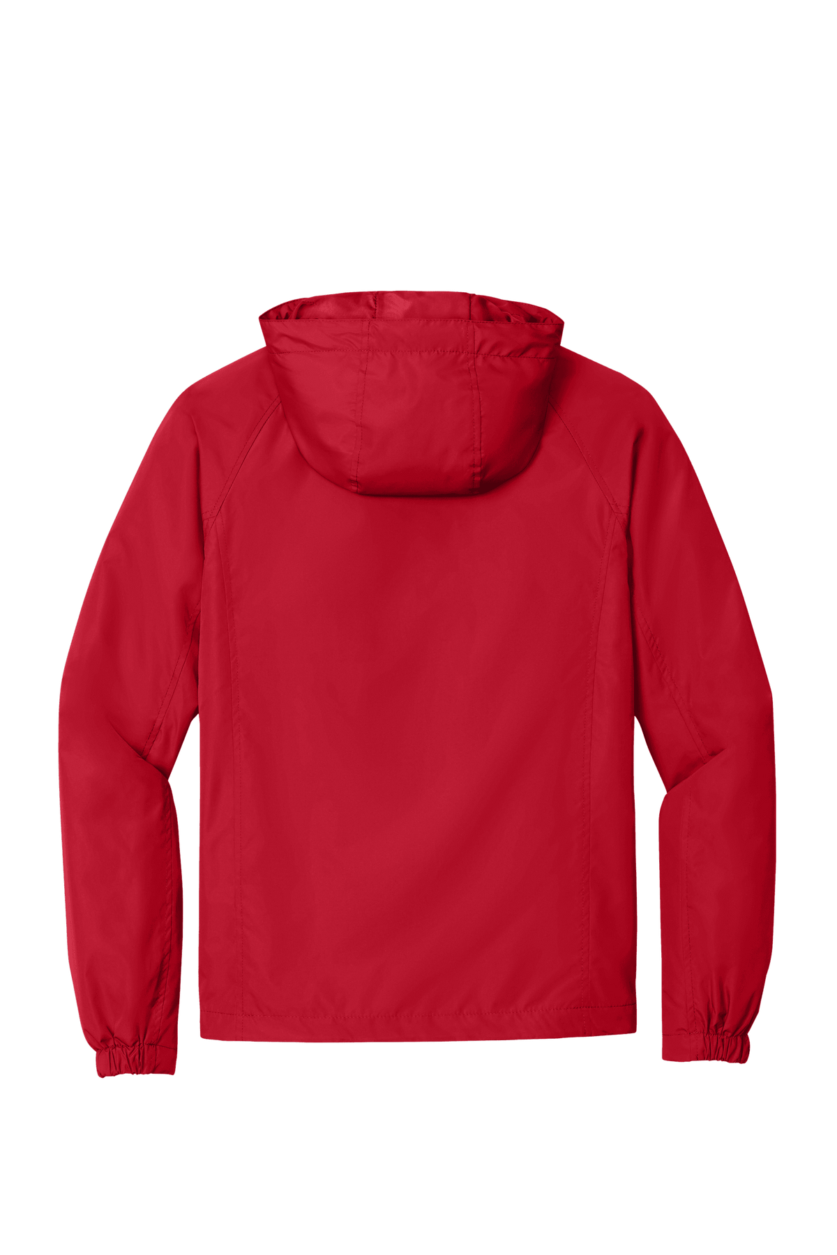 Sport-Tek hooded raglan windbreaker jacket in true red, with a flat back design, lightweight and sporty for outdoor wear.